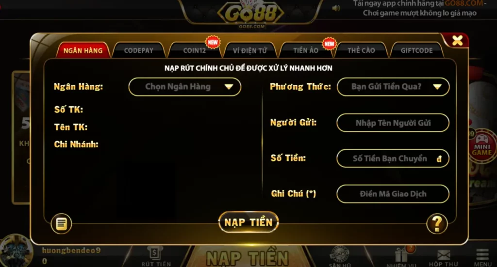 Cách rút tiền go88 qua ngân hàng